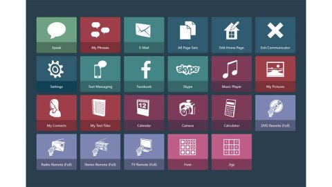 Screen shot of Home screen, with a grid of squares containing functions for speak, my phrases, email, settings, text messages, facebook, and others.