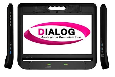 Tablet with dialog logo on screen and side view of input jacks.