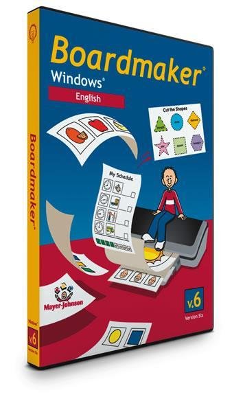 Software box with Boardmaker name and a child sitting on a printer that is printing out sheets of picture symbols.