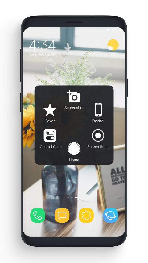 Android phone with the Assistive Touch menu in a square with black background positioned in the middle of the screen. The menu contains six square buttons arranged in a rectangular array. The buttons have the captions "favor", "screenshot", "device", "screen recording", "menu", and "control center".