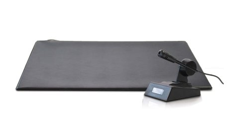Black rectangular pad next to a small microphone on a stand