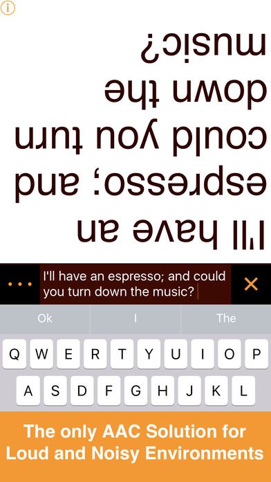 Flip Writer AAC on a smartphone with on-screen keyboard on bottom and flipped, large-font text on top. 