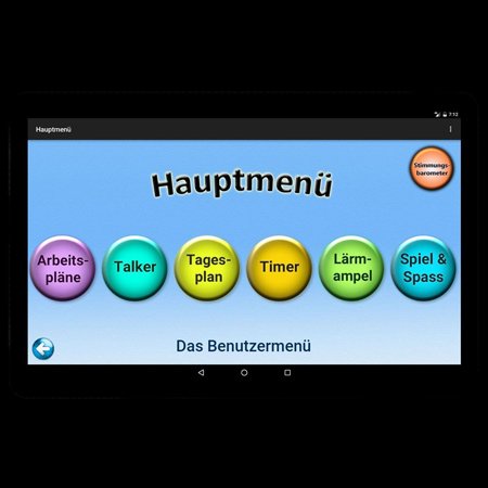 Visual representation of app on screen with several menu choices, including a talker.