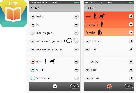 App icon of a book, a screenshot of the navigation menu with various words, and a screenshot of word choices, some with related icons next to them. 