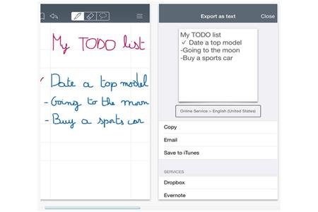 Display screen showing a handwritten message and the same message typed  in a MYSCRIPT mobile application.