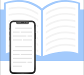 An icon of a mobile phone placed over a book to demonstrate text shown on the phone.