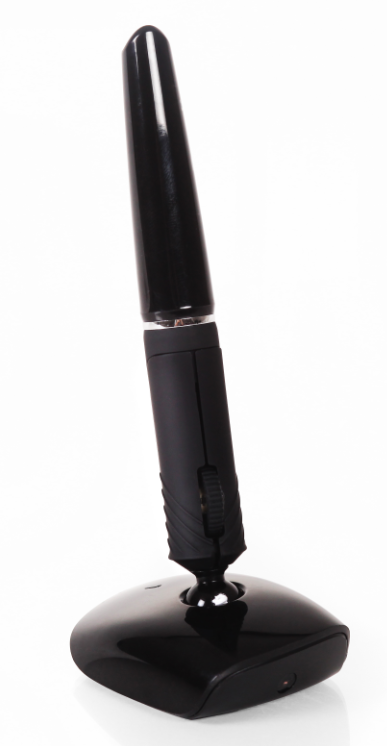 Black mouse that resembles a pen with a scroll wheel on its front side and attached at its end to a base. 