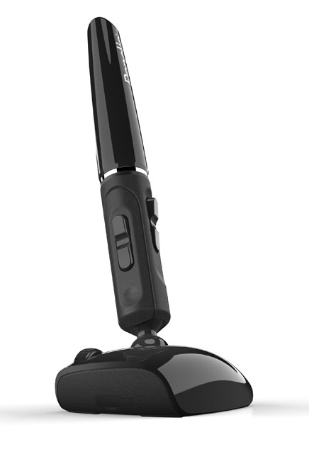 Black mouse that resembles a pen with a scroll wheel on base and right and left click buttons on the pen.