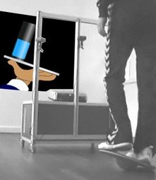Person on balance board mimicking the movement displayed on the screen