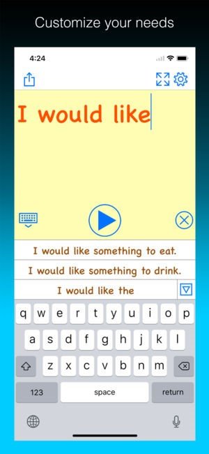 Proloquo word prediction screenshot, which reads, "I would like" with keyboard and prediction options below, including something to eat, something to drink, and I would like the.