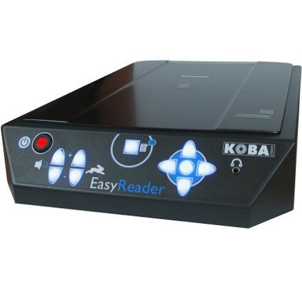 A device that resembles a standard flatbed scanner with large, touch button controls on the inclined, front side.