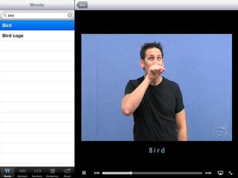 a picture of a video clip of a man signing "bird" on a tablet. To the left of this pic is a list with bird highlighted.