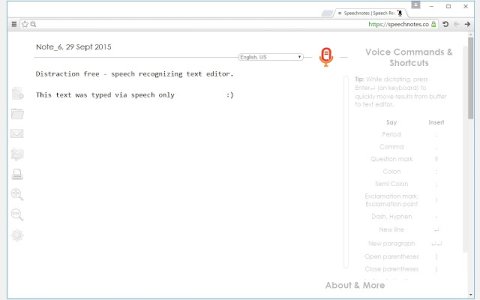 A text window with zoom, save, microphone, email and other buttons as well as voice command tool tips. 