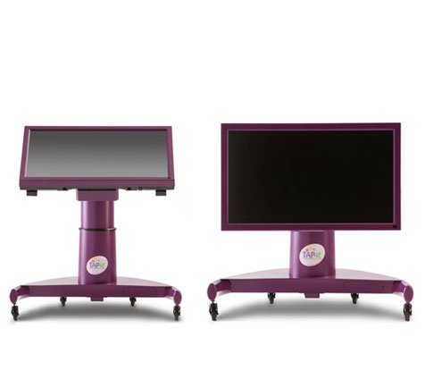 42" LCD shown tilted at an angle and vertical with integrated stand on casters.