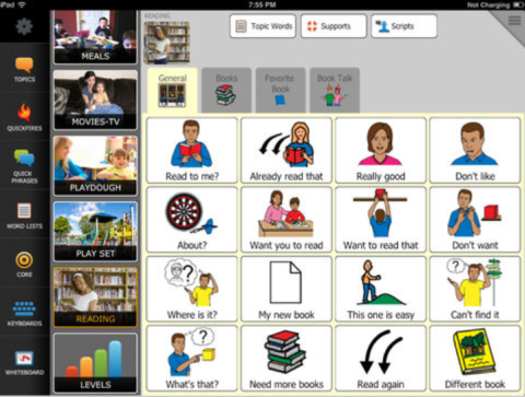 Screenshot with seven menu buttons, five topics (with reading highlighted), and 16 square symbol/text of conversation lines about reading.