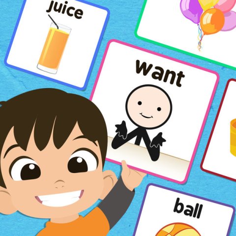 cartoon of boy with aac symbol cards.