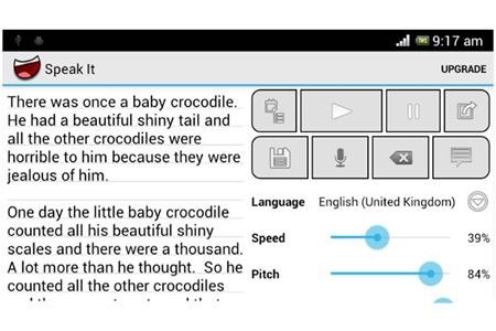 Speak it tablet menu with play and options buttons: sliders for Speed and Pitch, UK English on button, and menu, save, speak and backspace buttons. There is text on the left side of the menu.