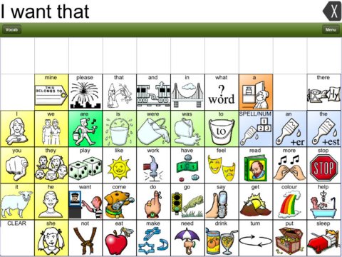 60 square grid menu with cartoon images and text. Above the icons are the words, "I want that".