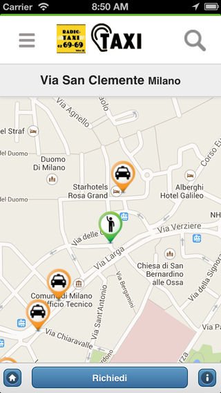 Taxi Sordi for iOS screenshot of a map with the locations of the user and the taxis that are nearby. 