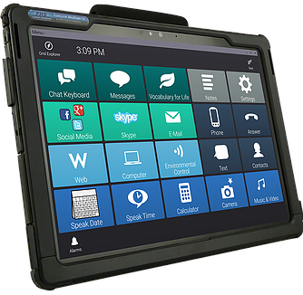 LCD screen displaying a 5x4 grid of menu buttons including chat keyboard, messages, phone, text, etc.