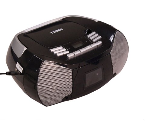 Boombox with two gray speakers on right and left side of front, CD player on top, and controls below the CD player.