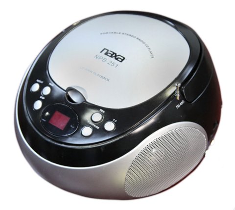 Silver and black boom box with CD player, speaker, controls, and display screen.
