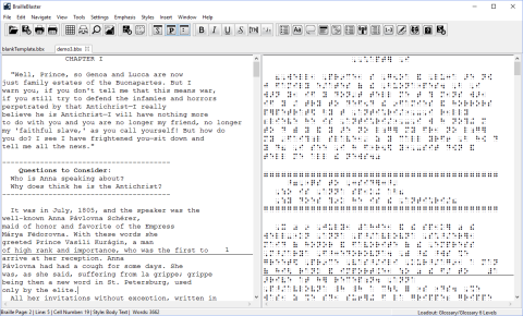 Two tab screen interface with letter text on the left and braille text on the right. 