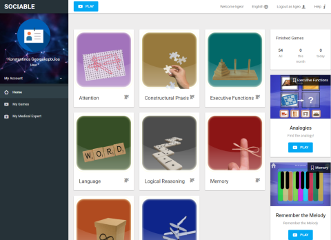 SOCIABLE home screen featuring an icon menu of the various cognition skills options. 