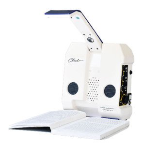 White rectangular reading device with arm extending from middle and speaker towards the bottom of the device.