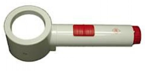 White handheld magnifier with red accents.