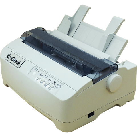 White printer-like device with tray along back and menu buttons along front. Menu features 4 small buttons, labelled "turn off;" "play/pause;" "load/eject;" and "Online/Cancel." The labels are not in braille. The device has a plastic grey cover where paper feeds through at the top. There are two large round knobs, one on either side of the device for sliding the paper down into the loading slot.