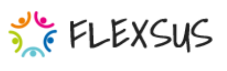 Fexsus Logo with freestyle letters of the name and a star made up of single line-drawn red, blue and yellow raised arms and dots for heads.