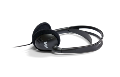 A pair of black, wired headphones. 
