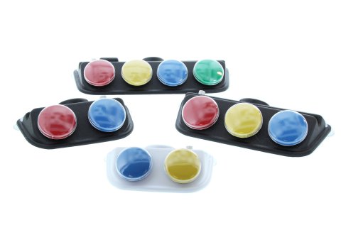 Four table-top wedge-shaped devices with two, three, or four round switch buttons.