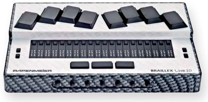 A gray Braille device with 8 black Braille input keys: 4 on the left and 4 on the right, and Braille cells below.