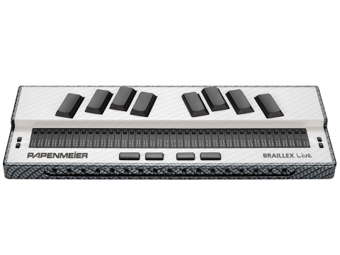 A gray Braille device with 8 black Braille input keys: 4 on the left and 4 on the right, and Braille cells below.
