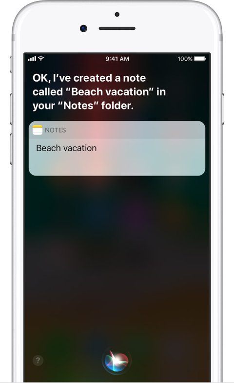 An iPhone screen displaying a note being created by Siri.