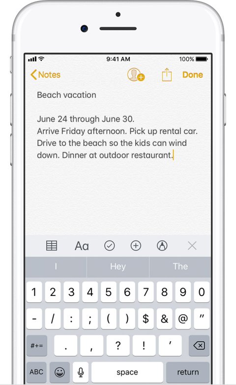An iPhone screen displaying a note being written in a text document. 