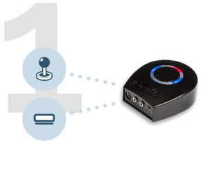 Small, semi-circular device with ports on its backside for connecting to joysticks and monitors.