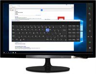 Eyegaze tracker mounted to bottom of monitor with virtual keyboard displayed on monitor.