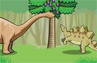 A large, long-necked dinosaur is shown standing next to a tree with another smaller dinosaur with spikes on its back at its side.
