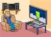 A man with blonde hair is shown lounging in an armchair watching television. Behind him are several speakers on a shelf. On the TV screen, a green figure is smiling.