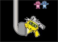 Yellow cat peeking out of a pipe, with two smaller cats floating behind him. One of them is pink and the other blue. The yellow cat is wearing sunglasses with a newspaper on his head.