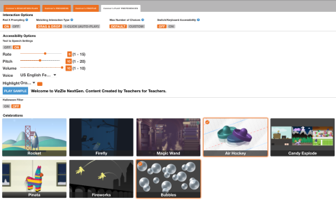Student view with preferences and pictures at bottom of screen.