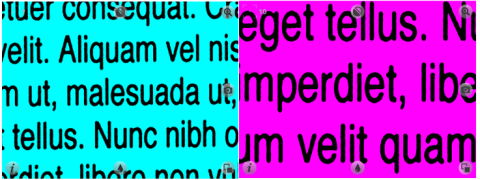 Magnified image of black text on blue background and black text on purple background.