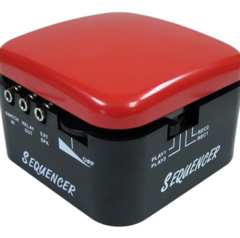 Sequencer device square block with red button top and jack inputs along left side. There are play and record buttons along the right side.