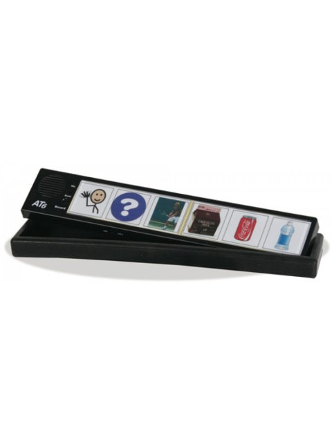 6 icons on a long, black, rectangular device next to a speaker.