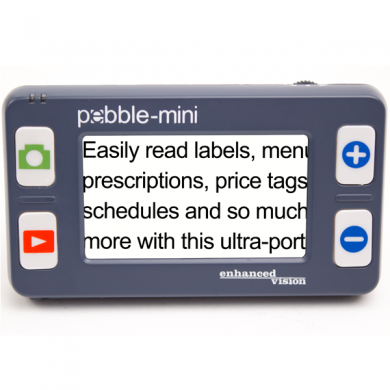 Small, rectangular device with a white screen and high-contrast, black font. On the left, there is a green menu button with a camera icon. Underneath, there is a red button with a triangular "play" icon, as on a movie player. To the right, there are two blue buttons, one has a "+" icon, and another has a "-" icon. The device itself if dark grey.