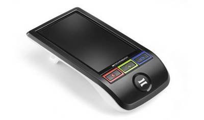 Domed rectangular device with a display screen and red, green, blue, and white control buttons along the bottom, curved edge.