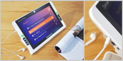White tablet with image displayed on screen, right image with close-up of headphone jack.